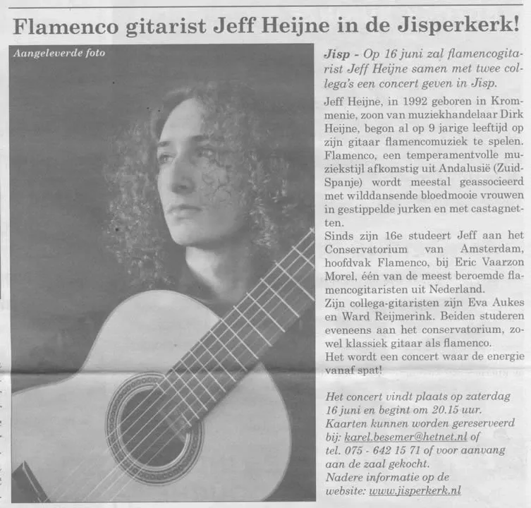 Krantenartikel uit het Noordhollands Dagblad: Flamenco gitarist Jeff Heijne in de Jisperkerk!