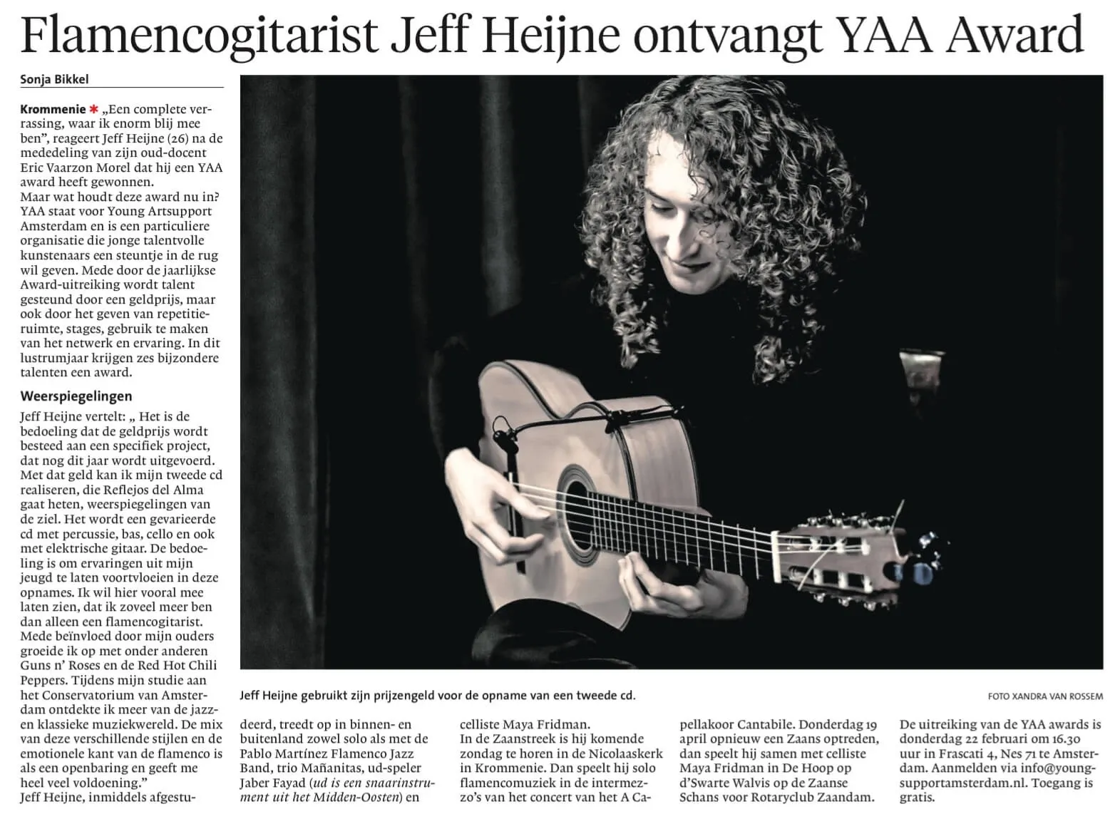 Krantenartikel uit het Noordhollands Dagblad: Flamenco-gitarist Jeff Heijne ontvangt YAA Award