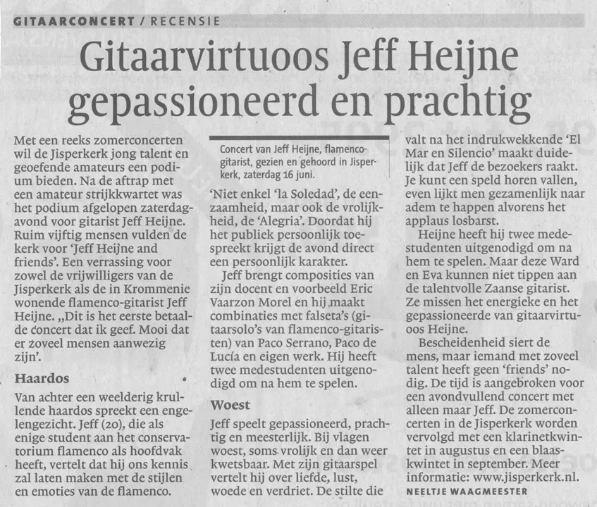 Krantenartikel uit het Noordhollands Dagblad: Gitaarvirtuoos Jeff Heijne gepassioneerd en prachtig