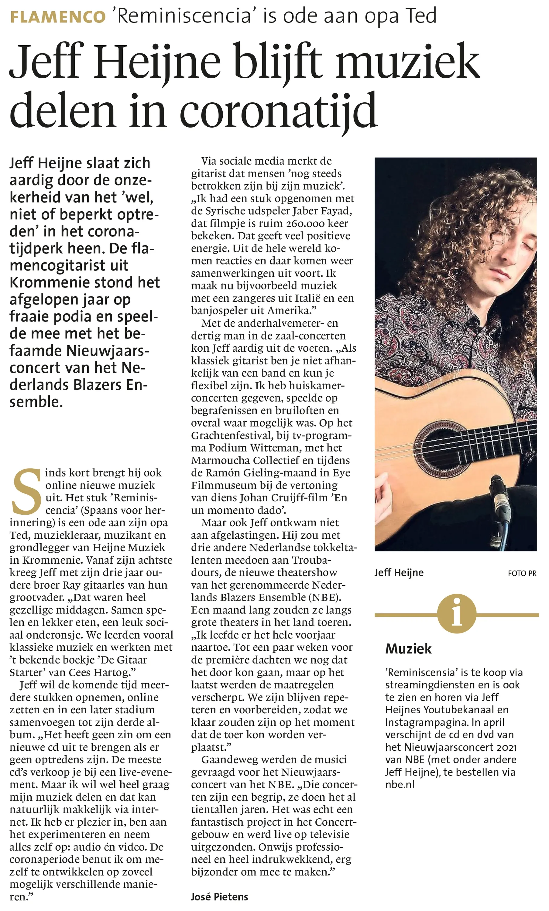 Krantenartikel uit het Noordhollands Dagblad: Jeff Heijne blijft muziek delen in coronatijd